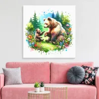 Cute Watercolor Bear and Cub Canvas Print