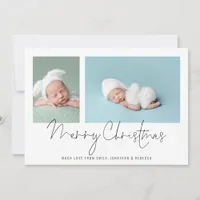 Modern 2 Photo Collage Baby First Christmas Holiday Card