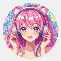 Cute Pink Anime Girl with Headphones Classic Round Sticker