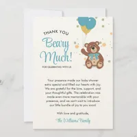 Cute Bear Cub and Blue Balloons Boy Baby Shower Thank You Card