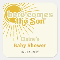 Here comes the son boho retro baby shower  square sticker