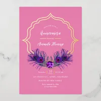Pink and Gold Peacock Floral Quinceañera Foil Invi Invitation
