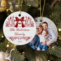 Elegant Christmas Botanical Family Photo Ceramic Ornament