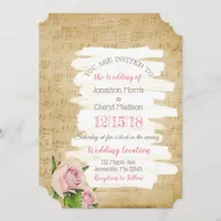 Music Notes & Pink Roses Floral Wedding Invitation