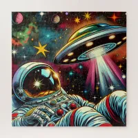 Astronaut Floating in Space with a UFO Ai  Art Jigsaw Puzzle