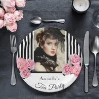 Tea party black white stripes photo paper plates