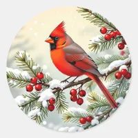 Christmas Cardinal on snowy pine branch  Classic Round Sticker
