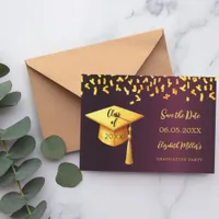 Burgundy gold cap confetti Graduation Party Save The Date