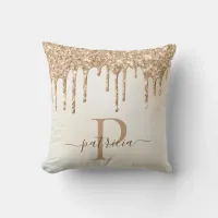 Glam Gold Glitter Drips Elegant Monogram Throw Pillow