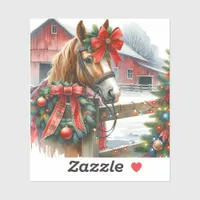 Pretty Brown Horse in Red Bow Christmas Sticker