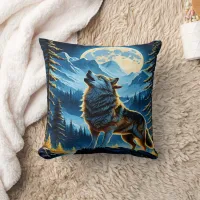 Howling Wolf Under Full Moon in Mountain Landscape Throw Pillow