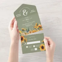 Sunflower Sage Green Rustic Floral Wedding All In One Invitation