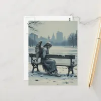 Sad angel sitting on a park bench postcard