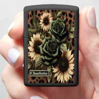 Sepia Flower Leopard Frame: Custom Message Zippo Lighter