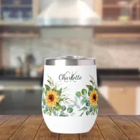 Sunflowers custom monogram initials name thermal wine tumbler