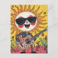 Cheerful Musical Sunshine Playing Guitar Postcard