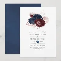 Navy, Maroon and Rose Gold Floral Wedding Invitation