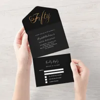 50th birthday black gold script rsvp all in one invitation