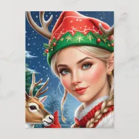 Festive Fantasy blond woman and deer Christmas Postcard