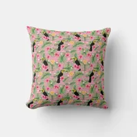 Pink Floral Tropical Bird Fern Throw Pillow