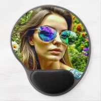 Beautiful Girl with Sunglasses Reflection Flowers Gel Mouse Pad