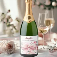 Bow pink florals bloom Bachelorette Party Sparkling Wine Label