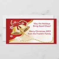 Gold XMas Bells, Beads and Snowflakes Photo Card