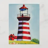 Red and White Striped Lighthouse AI Art Postcard