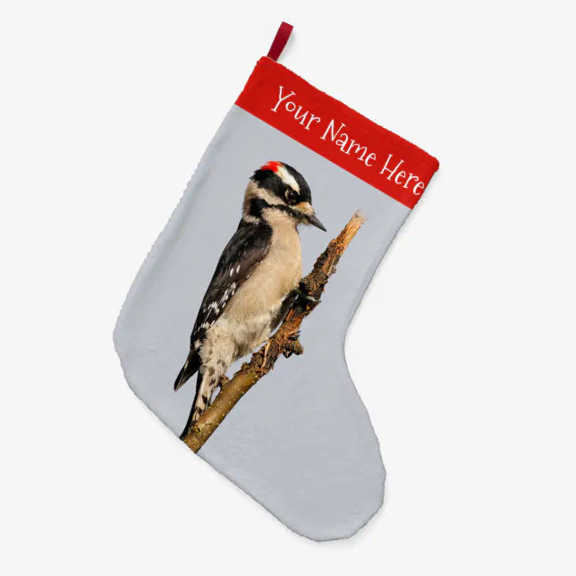 Cute Downy Woodpecker on Fruit Tree Large Christmas Stocking