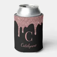 Black Rose Gold Sparkle Glitter Drips Monogram Can Cooler