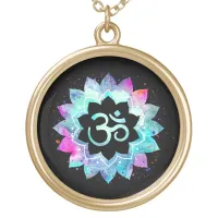 *~* OM Symbol Lotus Watercolor . Mandala Gold Plated Necklace