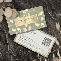 Elegant Sage Green Shiny Ginkgo Gold Leaf Foliage Business Card