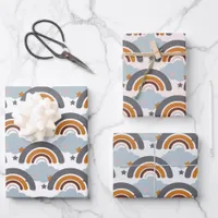 Cute Bold Boho Kid's Pastel Rainbow, Clouds & Star Wrapping Paper Sheets