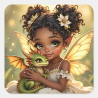 Cute Anime Fairy Girl and Chibi Dragon Square Sticker