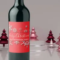 Xmas Winter Origami Snowflakes on A Red Paper Cut Wine Label