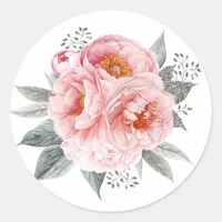 Pastel Pink and Grey Peony Flowers Classic Round Sticker