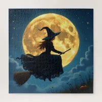 Wicked Halloween | Witch on Broom with Full Moon Jigsaw Puzzle