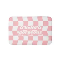 Girly Pastel Pink White Checkerboard Slogan Bath Mat