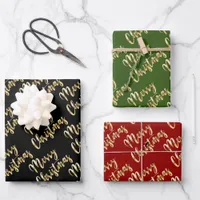 Merry Christmas gold script black green red Wrapping Paper Sheets