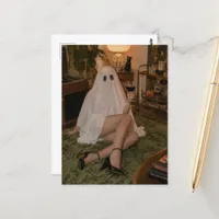 Funny Retro Ghost With Wine Postcard