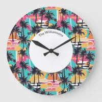 Tropical Beach Palm Trees Colorful Modern Cool Large Clock