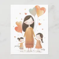 Cute Mommy with Two Children and Balloons Postcard