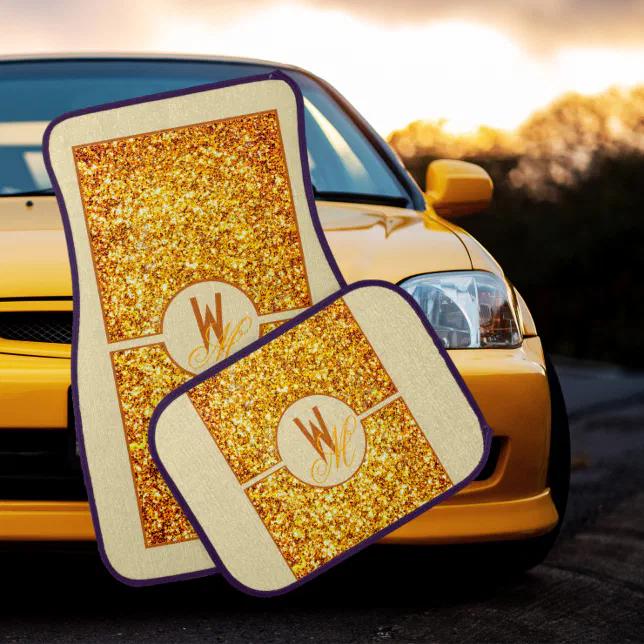 Elegant Orange Yellow Glitter Monogrammed  Car Floor Mat