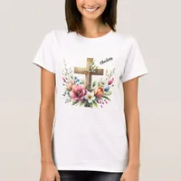 Christian Cross with Vibrant Floral Arrangement T-Shirt