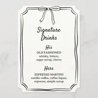 Hand Drawn Bow Signature Drinks Wedding Bar Menu