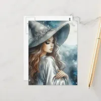 Gorgeous Witch in Silver Dress With a Full Moon Postcard