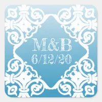Personalized Blue Wedding Date & Initials Stickers