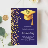 Graduation party dark blue gold confetti invitation