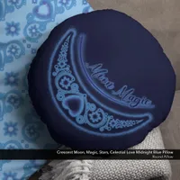 Crescent Moon Magic Stars Celestial Midnight Blue Round Pillow