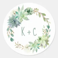 Wedding Bridal Shower Succulents Cactus Watercolor Classic Round Sticker